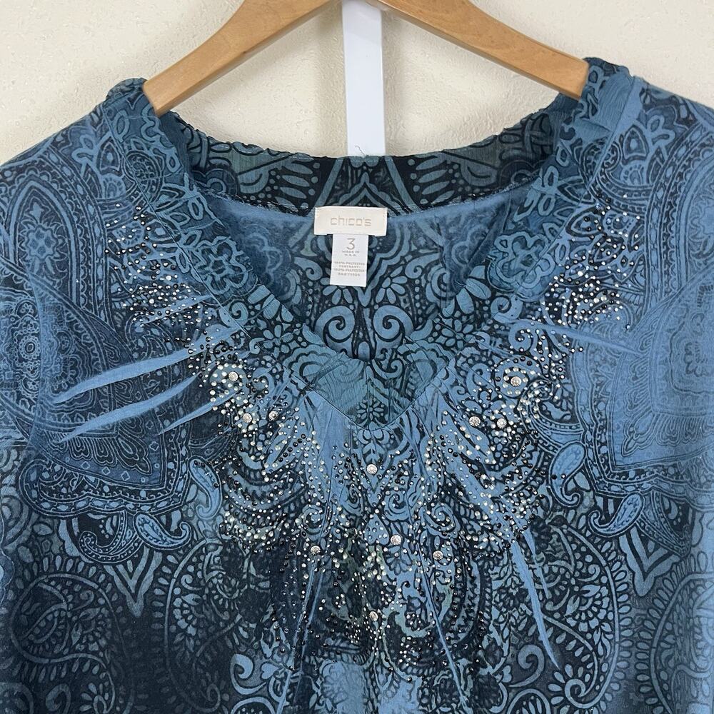 Vintage Y2K Chico’s XL Tunic Top Teal Paisley Rhinestone Embellished Blouse USA - Picture 2 of 5